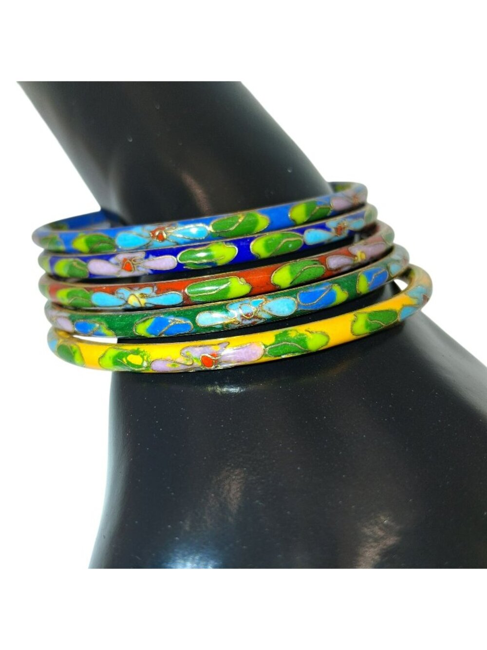 Multicolor Cloisonné 5 Bangle Bracelets Hand-Painted Floral Enamel Vibrant VTG